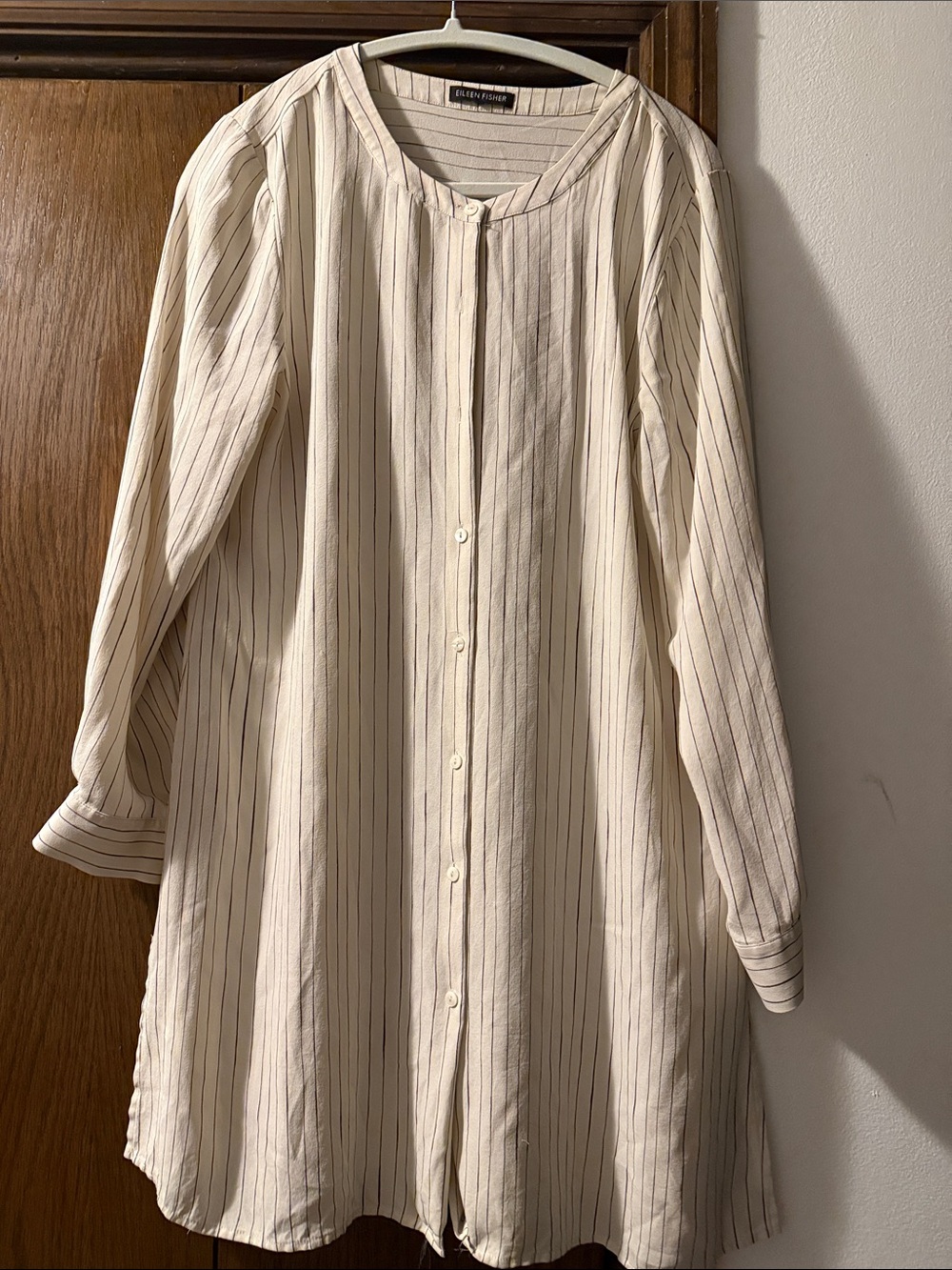 EILEEN FISHER Cream Button-Front Pinstripe Tunic Shirt